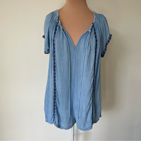 Muche et Muchette Blue Rayon Embroidered Short Sleeve Tie Neck Romper One Size - Picture 2 of 12